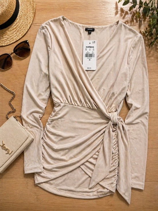 Express Tops - Express Beige Wrap Tunic Top / Mini Dress XS NWT Ruched Side Tie